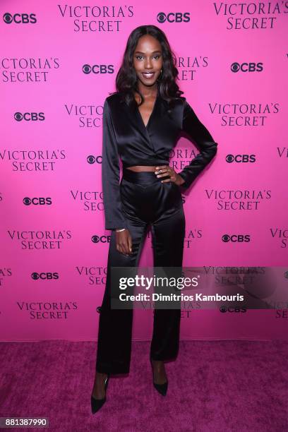 Model Leila Nda attends as Victoria's Secret Angels gather for an intimate viewing party of the 2017 Victoria's Secret Fashion Show at Spring Studios...