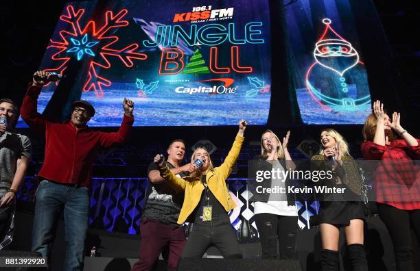 Jose 'J-Si' Chavez, 'Big Al' Mack, Cruz, grand prize winner Samantha, Priscilla, Raven, and Kellie Rasberry speak onstage at 106.1 KISS FM's Jingle...