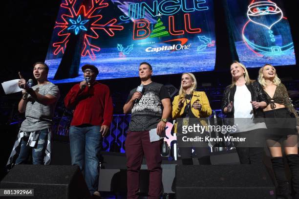 Jose 'J-Si' Chavez, 'Big Al' Mack, Cruz, grand prize winner Samantha, Priscilla, and Raven speak onstage at 106.1 KISS FM's Jingle Ball 2017...