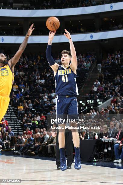 Juan Hernangomez of the Denver Nuggets shoots the ball against the Utah Jazz on November 28, 2017 at vivint.SmartHome Arena in Salt Lake City, Utah....