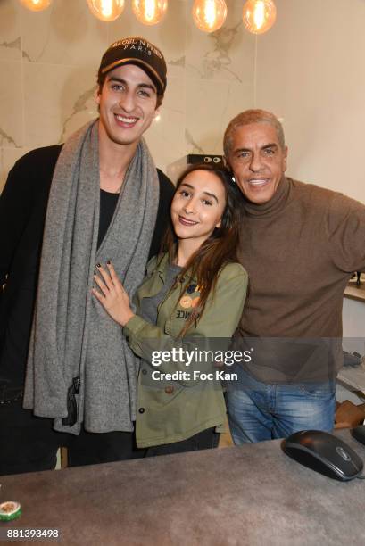 Julian Naceri, Ines and Samy Naceri attend 'Bagel N Fries' Restaurant Opening Party on November 28, 2017 in Paris, France.