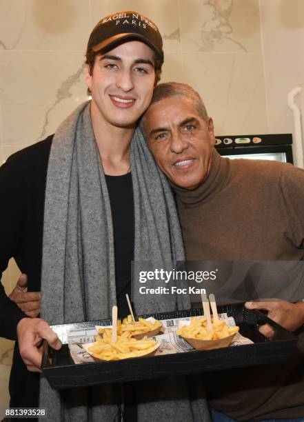 Actor Samy Naceri and his son Julian Naceri attend 'Bagel N Fries' Restaurant Opening Party on November 28, 2017 in Paris, France.