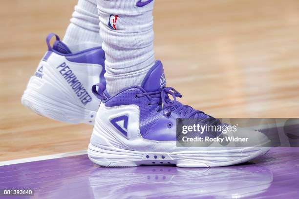 The sneakers of George Hill of the Sacramento Kings are seen during the game against the Milwaukee Bucks on November 28, 2017 at Golden 1 Center in...