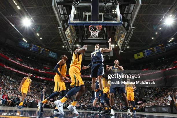 Juan Hernangomez of the Denver Nuggets dunks against the Utah Jazz on November 28, 2017 at vivint.SmartHome Arena in Salt Lake City, Utah. NOTE TO...