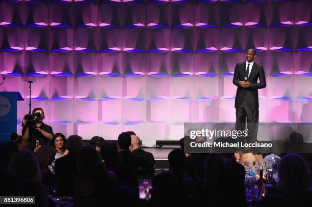 National Board Member Dikembe Mutombo speaks onstage during 13th Annual UNICEF Snowflake Ball 2017 at Cipriani Wall Street on November 28, 2017 in...