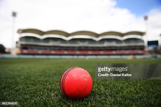 The pink ball is pictured on Adelaide Oval during an Australian nets session at Adelaide Oval on November 29, 2017 in Adelaide, Australia.