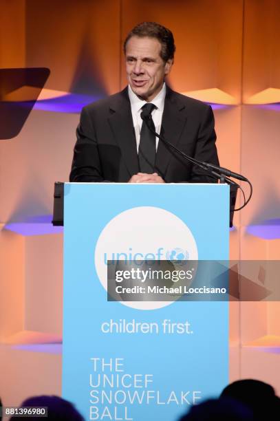 State Governor Andrew Cuomo speaks onstage during the 13th Annual UNICEF Snowflake Ball 2017 at Cipriani Wall Street on November 28, 2017 in New York...