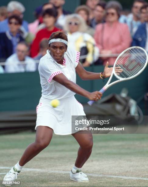 Zina Garrison of the USA in action during the Wimbledon Lawn Tennis Championships at the All England Lawn Tennis and Croquet Club, circa June, 1989...