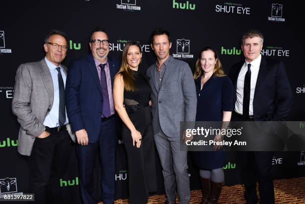 Mark Johnson, John Shiban, KaDee Strickland; Jeffrey Donovan, Melissa Bernstein and Jeff Frost attend Premiere Of Hulu's "Shut Eye" Season 2 - Red...