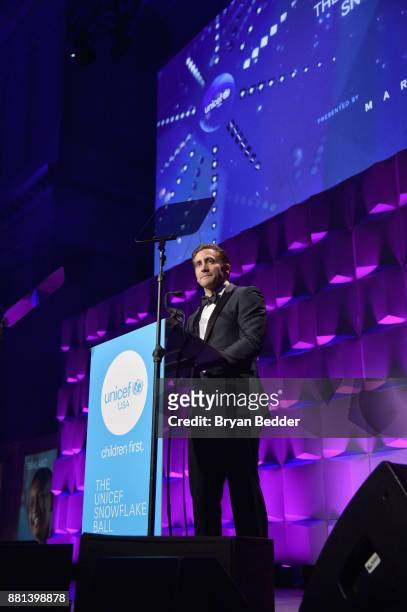 Jake Gyllenhaal speaks onstage during the 13th Annual UNICEF Snowflake Ball 2017 at Cipriani Wall Street on November 28, 2017 in New York City.