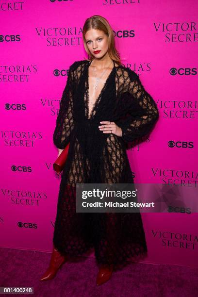 Nadine Leopold attends the 2017 Victoria's Secret Fashion Show viewing party pink carpet at Spring Studios on November 28, 2017 in New York City.