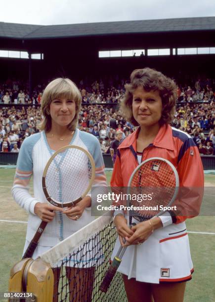 Chris Evert-Lloyd of the USA and Evonne Goolagong Cawley of Australia pose ahead of the Women's Singles Final of the Wimbledon Lawn Tennis...