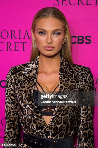 Romee Strijd attends the 2017 Victoria's Secret Fashion Show viewing party pink carpet at Spring Studios on November 28, 2017 in New York City.