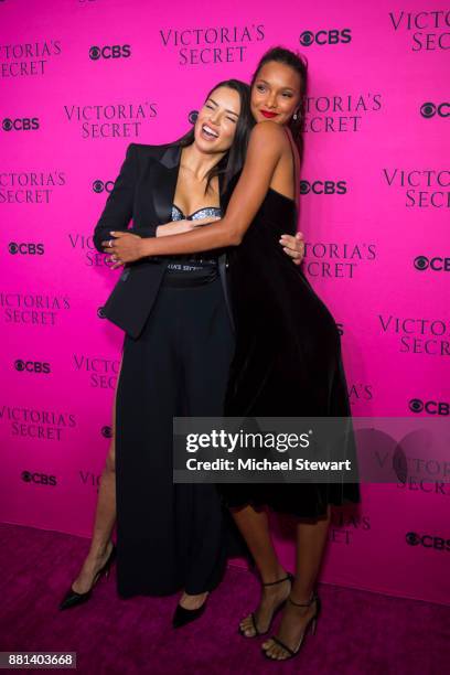 Adriana Lima and Lais Ribeiro attend the 2017 Victoria's Secret Fashion Show viewing party pink carpet at Spring Studios on November 28, 2017 in New...