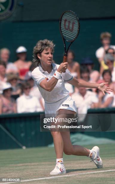 Chris Evert-Lloyd of the USA in action during the Wimbledon Lawn Tennis Championships at the All England Lawn Tennis and Croquet Club circa June,...
