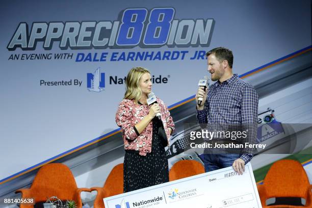 Dale Earnhardt Jr.and his wife Amy talk on stage during Appreci88ion, An Evening With Dale Earnhardt Jr. Presented By Nationwide at The Cosmopolitan...