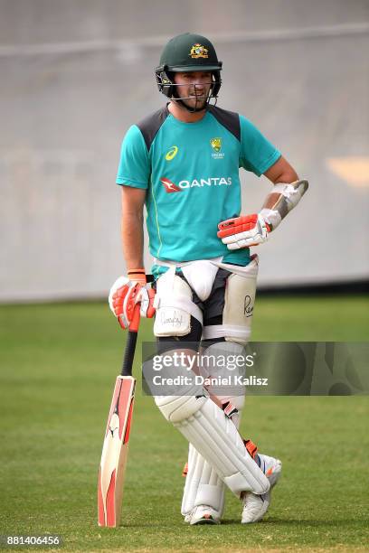 Chadd Sayers of Australia looks on during an Australian nets session at Adelaide Oval on November 29, 2017 in Adelaide, Australia.