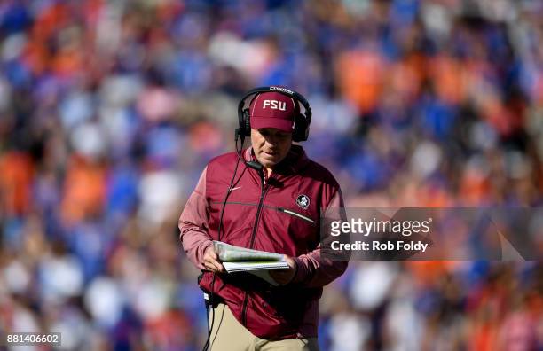Head coach Jimbo Fisher of the Florida State Seminoles looks on during the game against the Florida Gators at Ben Hill Griffin Stadium on November...
