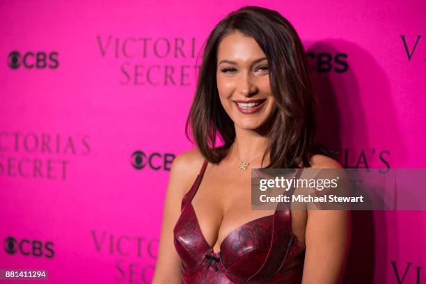 Bella Hadid attends the 2017 Victoria's Secret Fashion Show viewing party pink carpet at Spring Studios on November 28, 2017 in New York City.