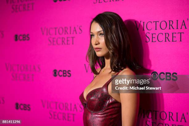 Bella Hadid attends the 2017 Victoria's Secret Fashion Show viewing party pink carpet at Spring Studios on November 28, 2017 in New York City.