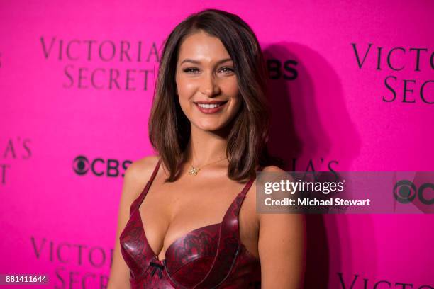 Bella Hadid attends the 2017 Victoria's Secret Fashion Show viewing party pink carpet at Spring Studios on November 28, 2017 in New York City.