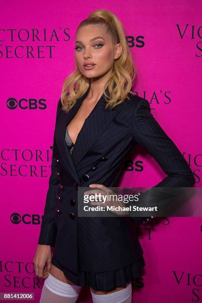 Elsa Hosk attends the 2017 Victoria's Secret Fashion Show viewing party pink carpet at Spring Studios on November 28, 2017 in New York City.