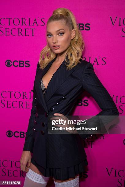 Elsa Hosk attends the 2017 Victoria's Secret Fashion Show viewing party pink carpet at Spring Studios on November 28, 2017 in New York City.