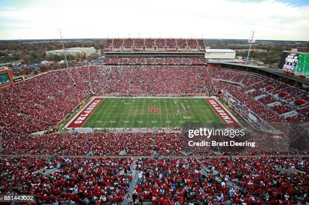 General view of the stadium during the West Virginia Mountaineers vs. The Oklahoma Sooners game at Gaylord Family Oklahoma Memorial Stadium on...