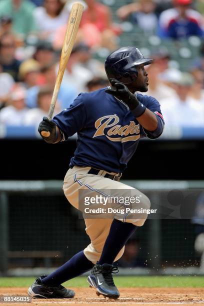 Tony Gwynn Jr. #18 of the San Diego Padres takes an at bat against the Colorado Rockies during MLB action at Coors Field on May 31, 2009 in Denver,...
