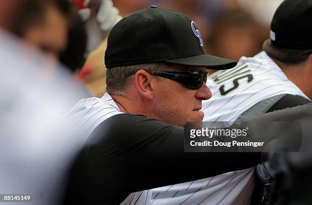 Manager Jim Tracy of the Colorado Rockies directs the team against the San Diego Padres during MLB action at Coors Field on May 31, 2009 in Denver,...
