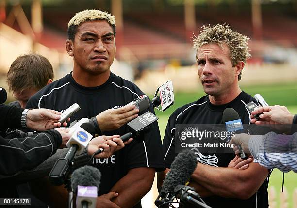 Jerry Collins and Justin Marshall speak to the media during a Barbarians training session at North Sydney Oval on June 2, 2009 in Sydney, Australia.