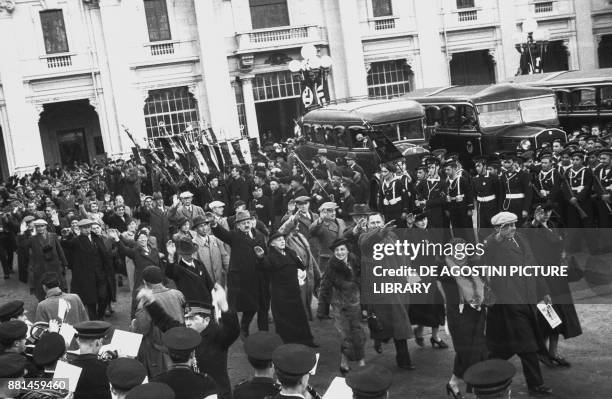 Kraft durch Freude members saluting the reception committee, December 4 Genoa port, Italy, 20th century.