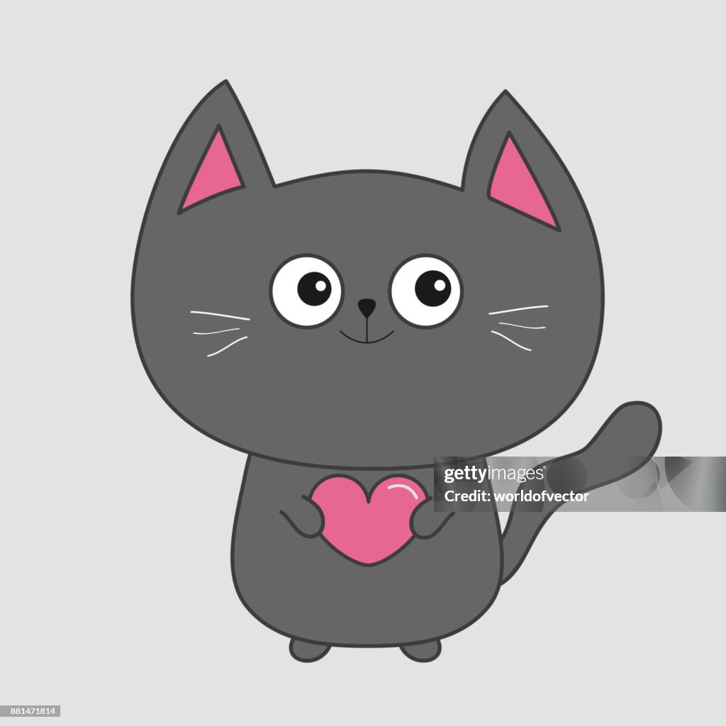 Gray Contour Cat Holding Pink Heart Cute Cartoon Character Kawaii Animal  Pet Collection Flat Design High-Res Vector Graphic - Getty Images