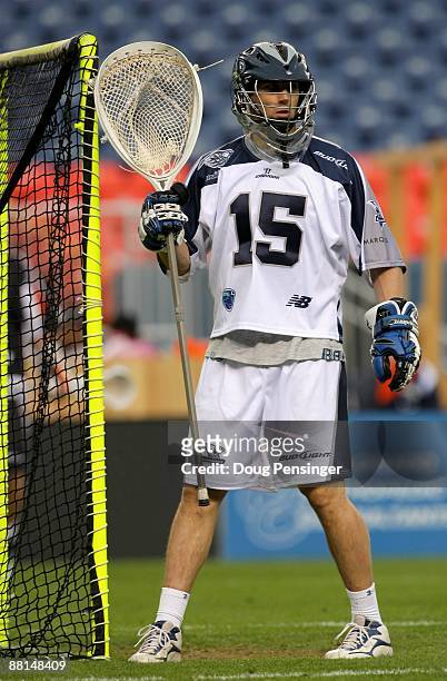 Goalie Chris Garrity of the Washington Bayhawks defends the goal against the Denver Outlaws during Major League Lacrosse action at INVESCO Field at...