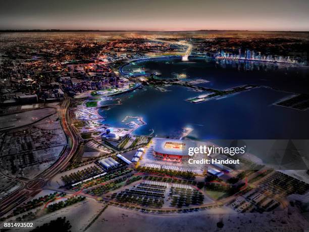 In this undated computer-generated artists impression provided by 2022 Supreme Committee for Delivery and Legacy, the Ras Abu Aboud stadium, a Qatar...