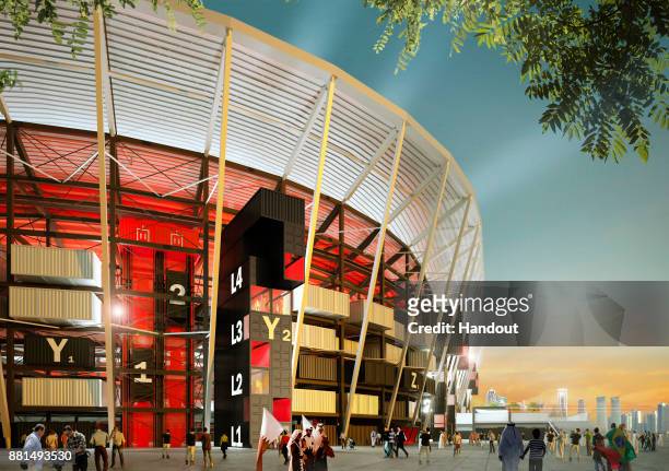 In this undated computer-generated artists impression provided by 2022 Supreme Committee for Delivery and Legacy, the Ras Abu Aboud stadium, a Qatar...