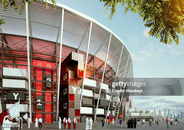 In this undated computer-generated artists impression provided by 2022 Supreme Committee for Delivery and Legacy, the Ras Abu Aboud stadium, a Qatar...