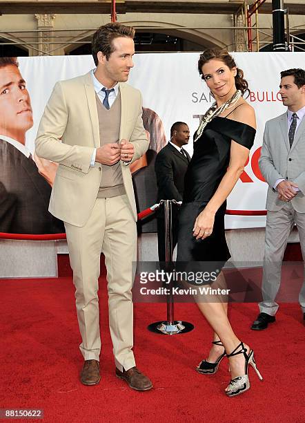 Actor Ryan Reynolds and actress Sandra Bullock arrive to the premiere of Touchstone Pictures' "The Proposal" held at the El Capitan Theatre on June...