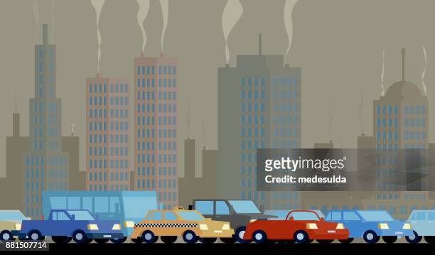air pollution - traffic jam lots of trucks stock illustrations
