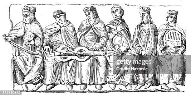 illustrazioni stock, clip art, cartoni animati e icone di tendenza di musicisti medievali che suonano strumenti musicali del medioevo - menestrello-persona