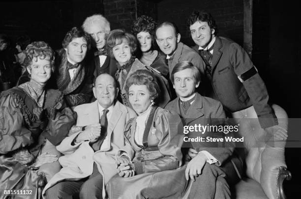 British playwright and director Noel Coward with actors, including, Millicent Martin, Gary Bond, and Gillian Lynne at the Fortune Theatre, London,...