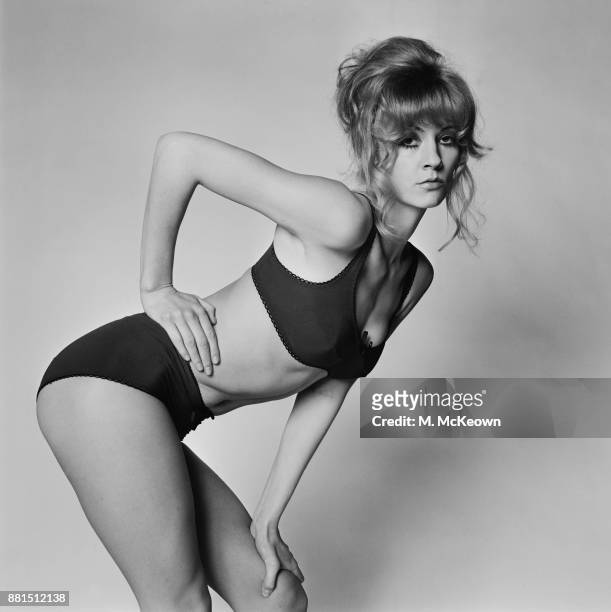 British actress and model Vicky Hodge posing for a lingerie photo shoot, UK, 8th February 1971.
