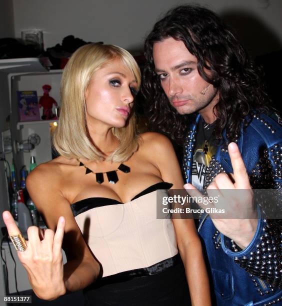 Paris Hilton and Constantine Maroulis pose backstage at the hit musical "Rock of Ages" on Broadway at the Brooks Atkinson Theatre on June 1, 2009 in...