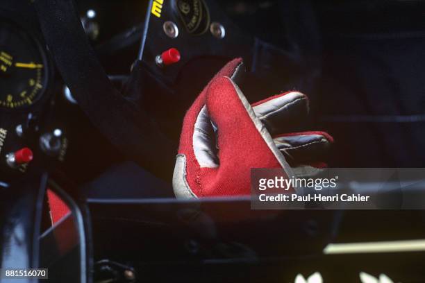 Ayrton Senna, Lotus-Renault 98T, Grand Prix of Belgium, Circuit de Spa-Francorchamps, 25 May 1986. Ayrton Senna's hand in the cockpit of the...