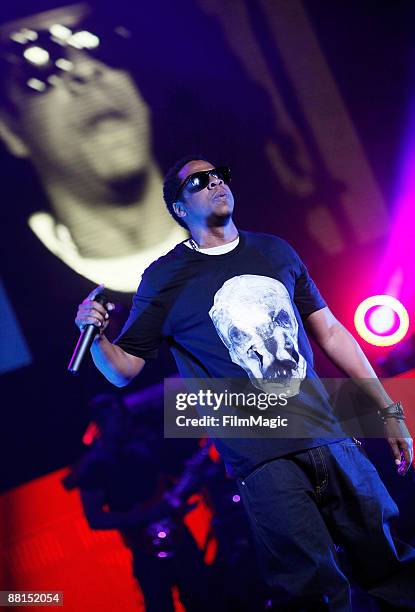 Rapper Jay-Z performs onstage at Activision's launch of "DJ Hero" held at The Wiltern on June 1, 2009 in Los Angeles, California.