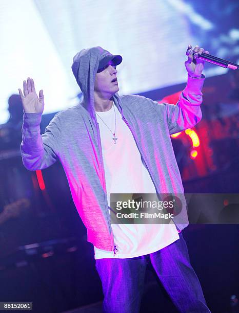 Rapper Eminem performs onstage at Activision's launch of "DJ Hero" held at The Wiltern on June 1, 2009 in Los Angeles, California.