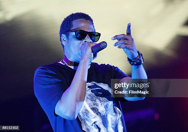 Rapper Jay-Z performs onstage at Activision's launch of "DJ Hero" held at The Wiltern on June 1, 2009 in Los Angeles, California.