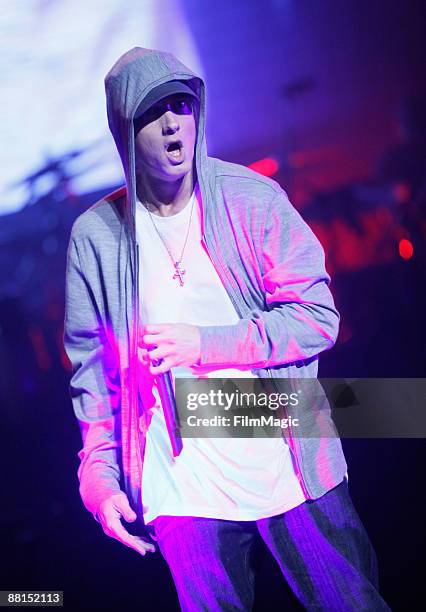 Rapper Eminem performs onstage at Activision's launch of "DJ Hero" held at The Wiltern on June 1, 2009 in Los Angeles, California.