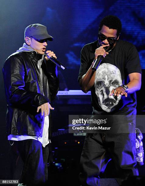 Rappers Eminem and Jay-Z perform at the launch of "DJ Hero" hosted by ActiVision held at The Wiltern on June 1, 2009 in Los Angeles, California.