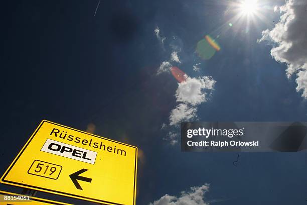 Traffic sign stands in the light at the town boundary of the companies headquarters of German carmaker Adam Opel GmbH, a subsidiary company of U.S....